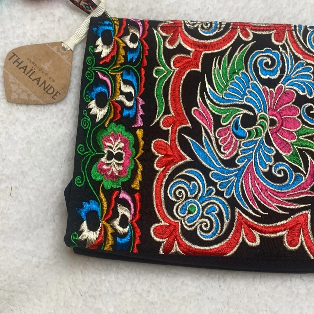 Black Blue Red Embroidered Tassel Cosmetic Bag Made in Thailand